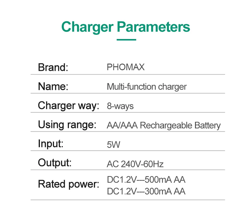 PHOMAX 5W 2 4 V 8 слотов ЕС светодиодный смарт дисплей быстрое зарядное устройство AA AAA Ni