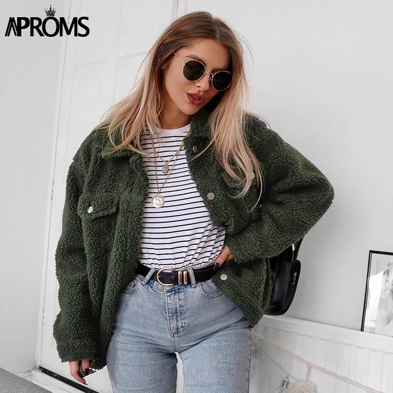 price cut  Aproms Khaki Oversized Buttons Jackets Women Winter Fashion Warm Teddy Coats Autumn Outerwear Femal