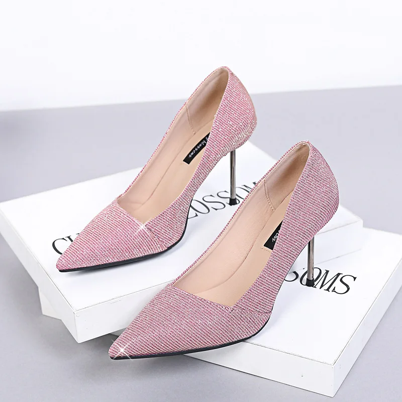 

Single shoes ladies 2019 spring and summer wild sequins cloth pointed shallow mouth stiletto high heels women wedding shoes