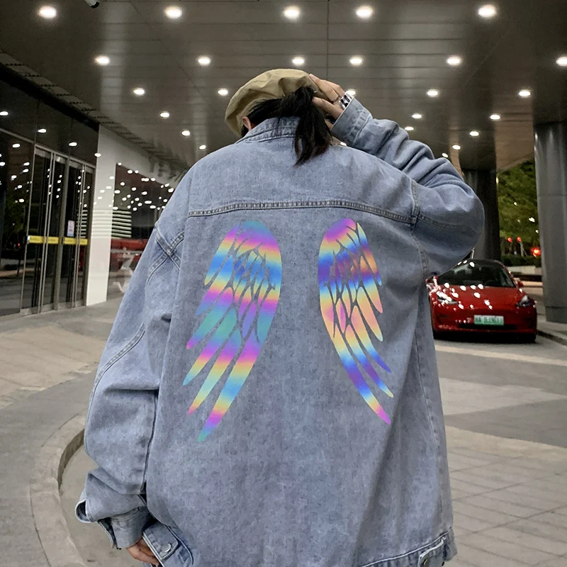 

Reflective Wings Print Jean Jacket for Unisex Couples Clothes Korean Fashion Womens Blue Denim Jackets Ladies Hip Hop Streetwear