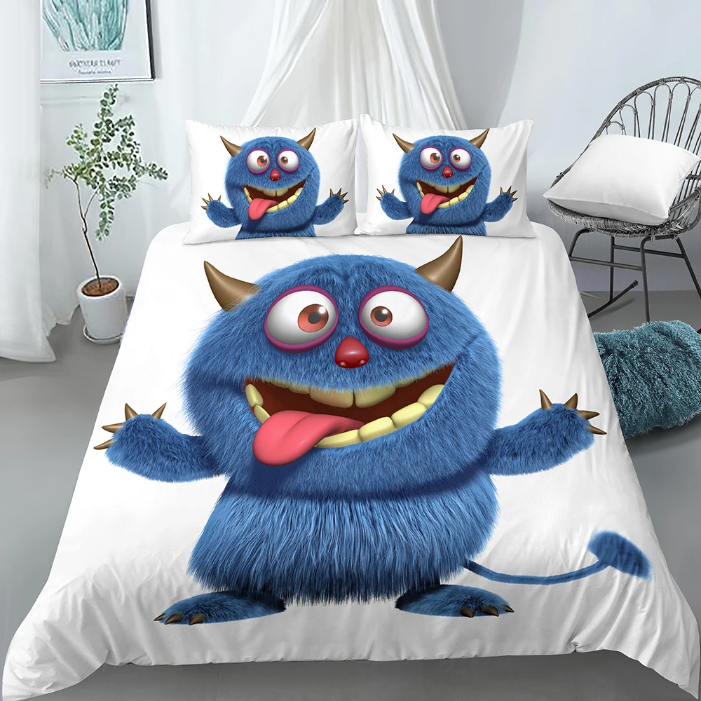 

Cute Blue Furball Monster Pattern Quilt Covers for Kids Children Duvet Cover Bedroom Bedding Sets with Pillowcase Home Bed Decor