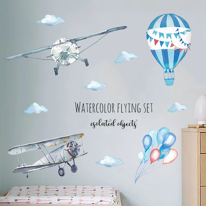 Large Watercolor Hand-painted Airplane Balloon Children Room Wall Stickers for Kindergarten Wall Decor Plane Flying room mural Large Watercolor Hand-painted Airplane Balloon Children Room Wall Stickers for Kindergarten Wall Decor Plane Flying room mural