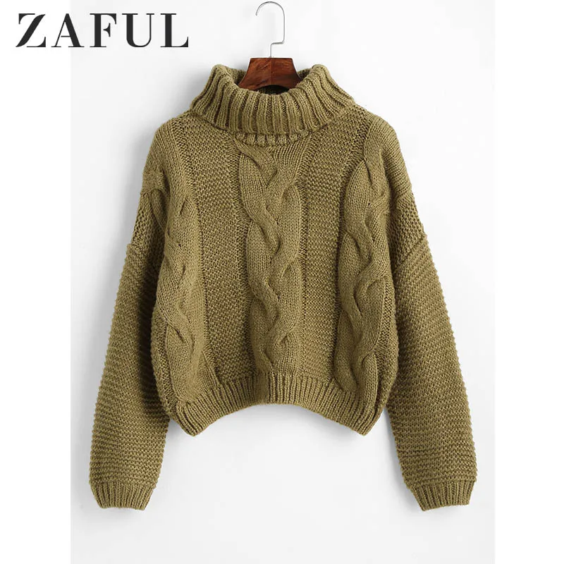 ZAFUL водолазка, элегантный свободный Женский вязаный короткий свитер с высоким воротом, элегантный свитер, базовые пуловеры, Осень-зима