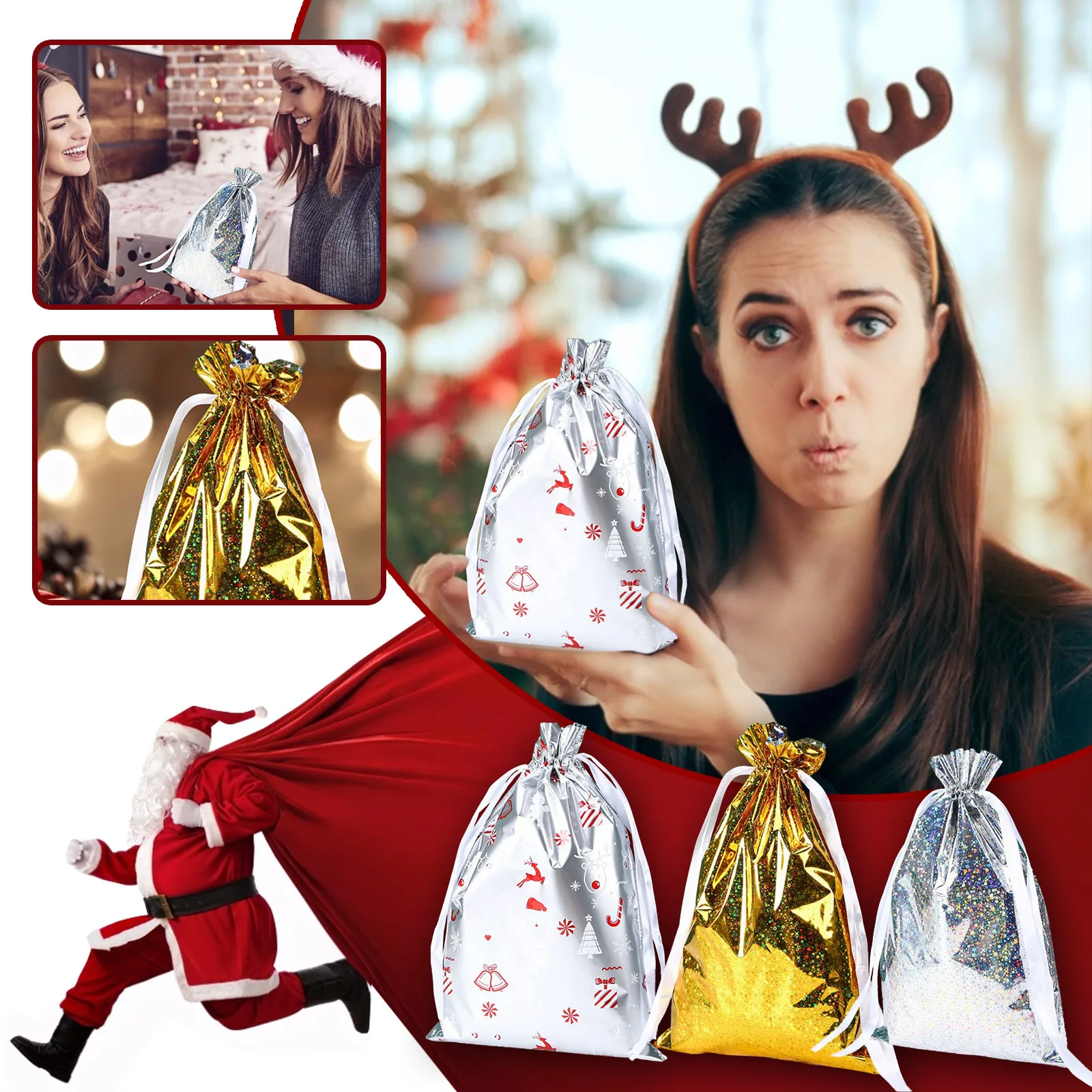Christmas Elk Tree Party Candy Gift Drawstring Packing Stocking Bags Present 
