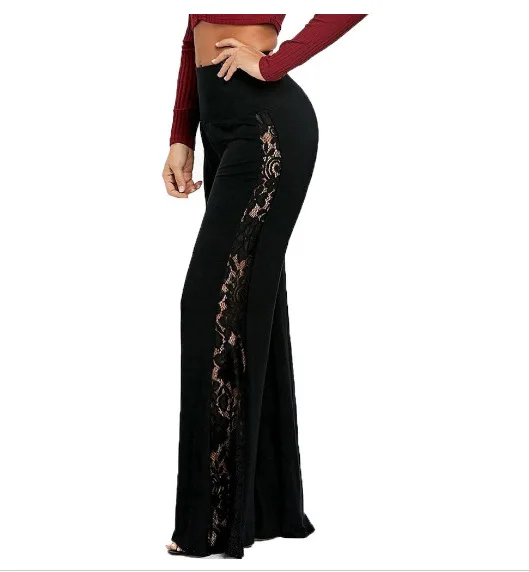 Women Gothic Punk Lace Patchwork Fashion Wide Leg Pants Sexy Hollow Out See Through Black Loose Summer Thin Trousers Long Pants
