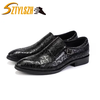 

New Fashion Luxury Black Dress Shoes Men Pointed Toe Buckle Strap Carved Pattern Business formal shoes men Boss wedding shoes