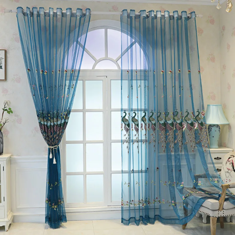 Embroidered Sheer Curtains for Living Room Bedroom Luxurious Blue Window Screen High End Kitchen Drape Panel