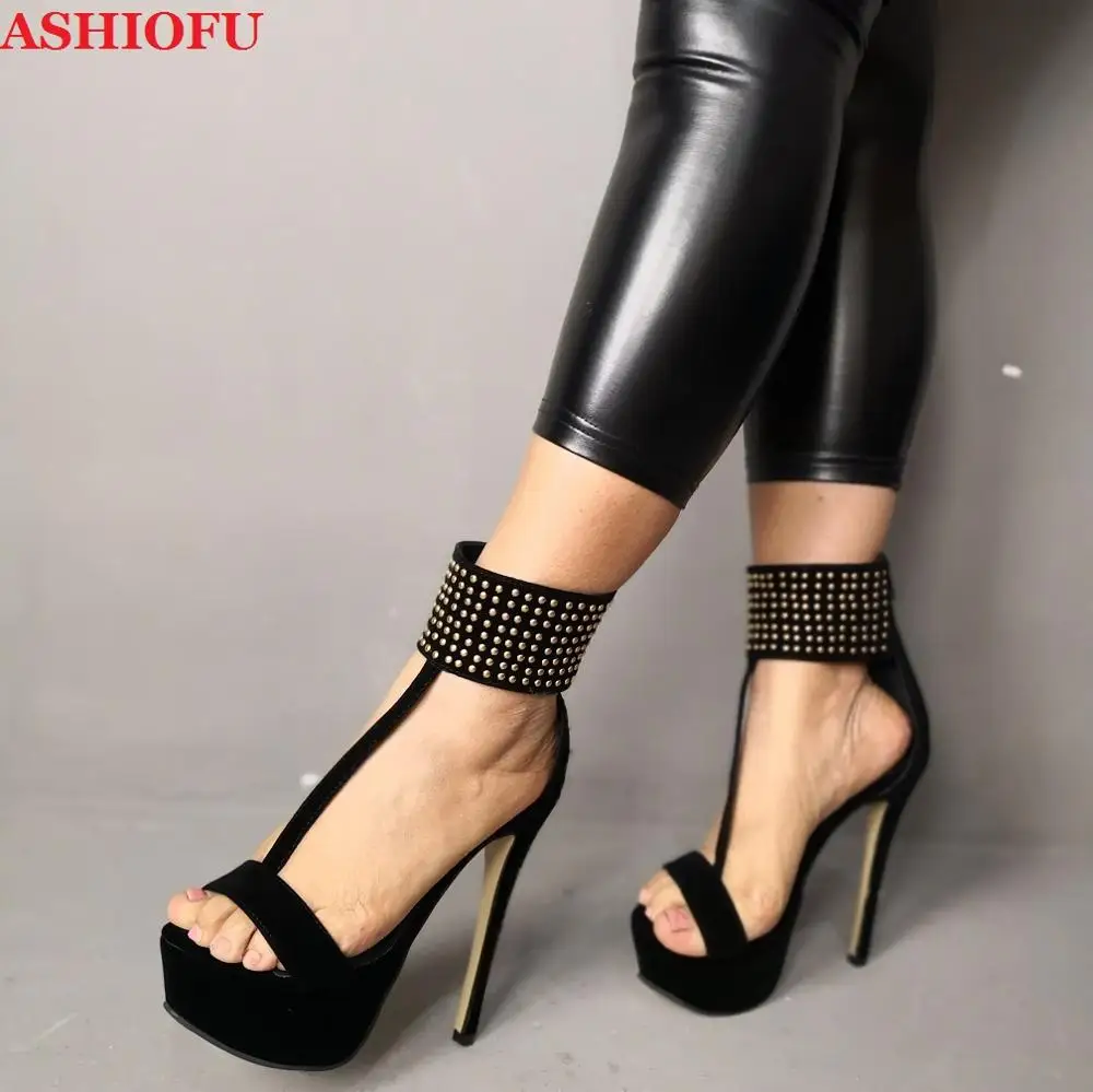 

ASHIOFU Hot Sale Real Photos Ladies High Heel Sandals T-strap Peep-toe Sexy Party Prom Shoes Large Size Fashion Sandals Shoes