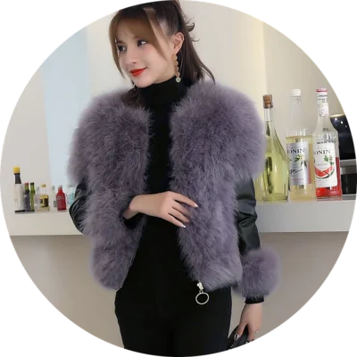 Purple gray Для женщин зимние короткие сапоги для худого телосложения плотные с О-образным вырезом длинный рукав с одной застежкой-молнией однотонные страусиных перьев пальто с искусственным мехом 897 - Цвет: Purple gray