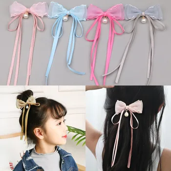 

90*38mm Chiffon Fabric Ribbon Bow with Round white Acrylic Pearl Charms Decorated Patch Sticker Ornament Accessories Button