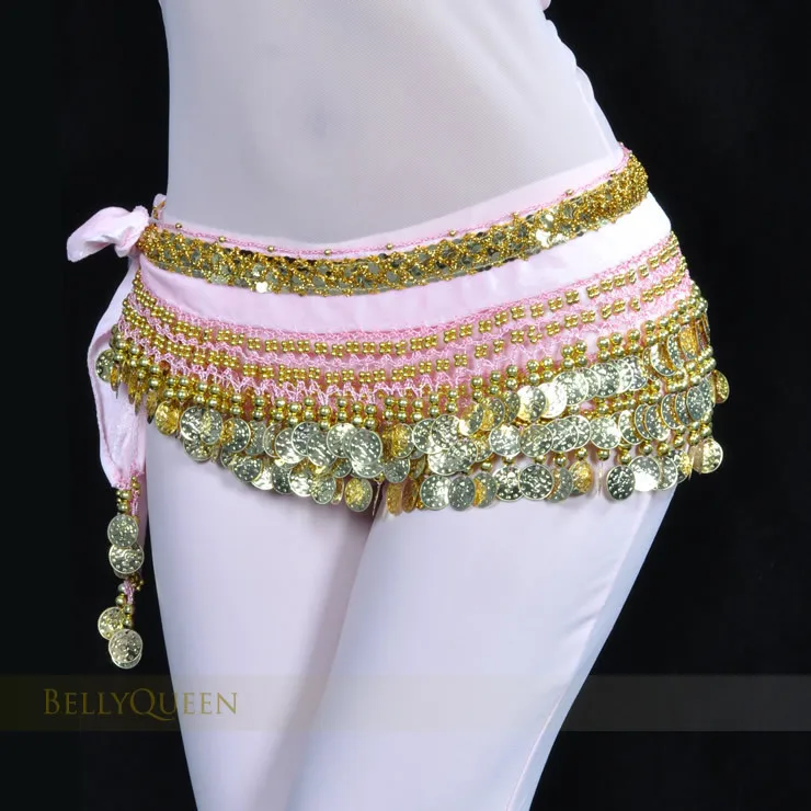 Pink New Hot Sale Women Belly Dance Costumes indian dance belt bellydance waist chain hip scarf women girl dance with 248 gold coin - Цвет: Pink