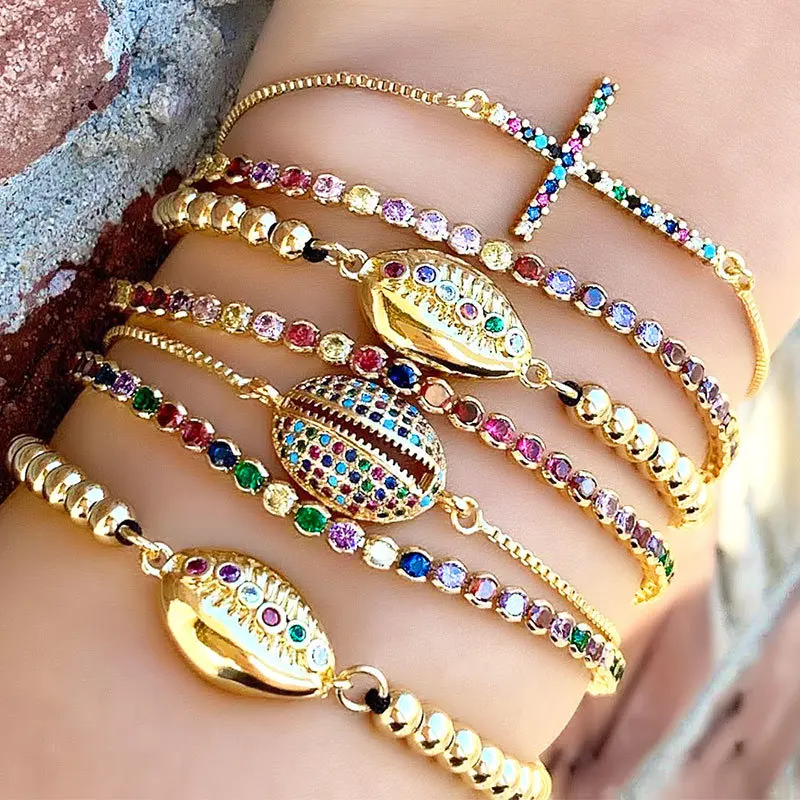 

New Gold Color Rainbow Crystal Zircon Bracelet&bangle Bohemian Adjustable Eye Shell Bracelet Cross Bracelet For Women Jewelry