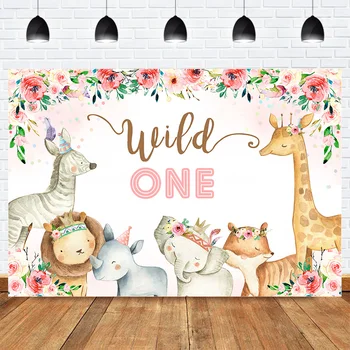 

Wild One Animal Birthday Backdrop for Photography 1st Birthday Party Cake Table Dessert Background Pink Rose Cartoon Backdrops