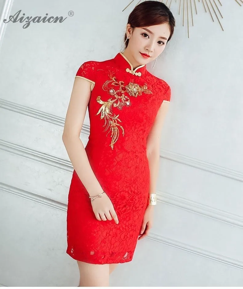 Мода Корто Cheongsam las mujeres chino tradicional de la boda Vestido de encaje rojo Qipao estilo Восточное винтажное платье