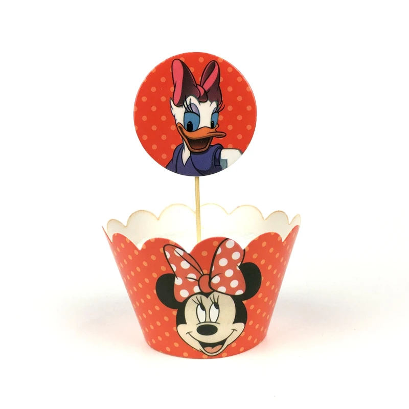 24pcs Baby Shower Kids Favors Minnie Mickey Mouse Decoration Cake Cupcake Paper Wrappers Toppers Happy Birthday Party Supplies