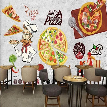 

Cartoon Pizza Takeaway Gray Cement Background Wall Paper 3D Fast Food Restaurant Snack Bar Industrial Decor Mural Wallpaper 3D