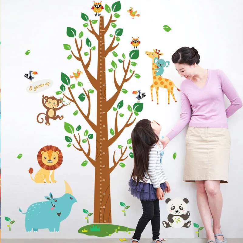 Cartoon Jungle Animals Wall Stickers Kid Height Sticker Forest Tree