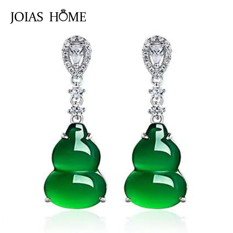 JoiasHome 925 пробы серебряные серьги винтажные длинные с зеленым агатом тыквы женский