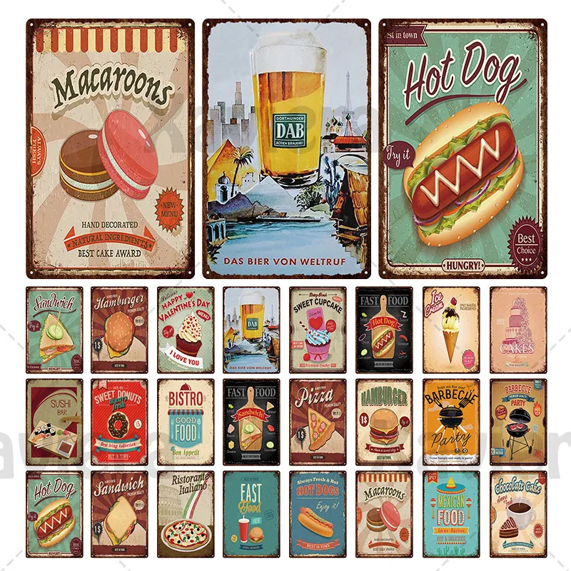 Retro Plaque Food Hot Dog Sandwich Macaroon Burger Pizza Metal Tin Sign Iron Sheet Creative Decor Painting Cafe Restaurant Home | Дом и сад
