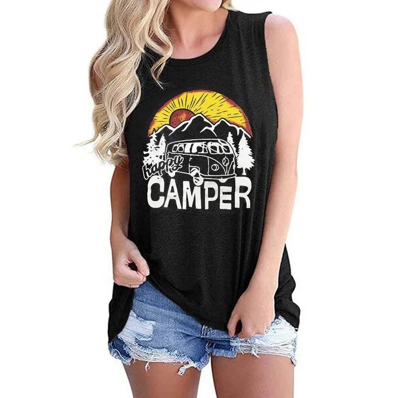 Женский Повседневный жилет с надписью Happy Camper Mountains Sunset Car летняя уличная майка