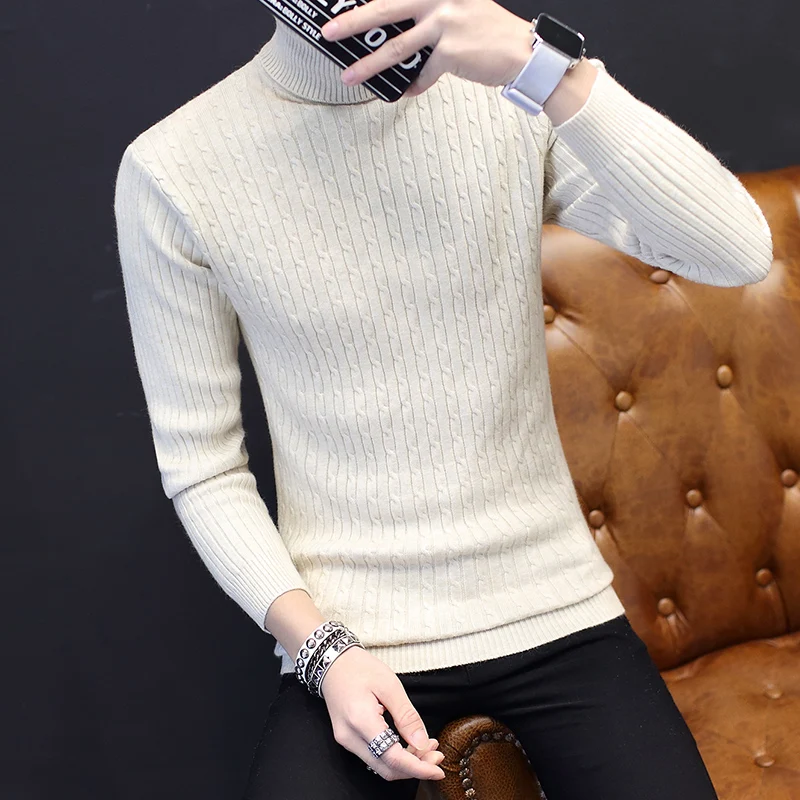 Winter Thick Warm Sweater Men Turtleneck Irregular Stripe Sweaters Slim Fit Pullover Hombre Knitwear Pull White S-2XL