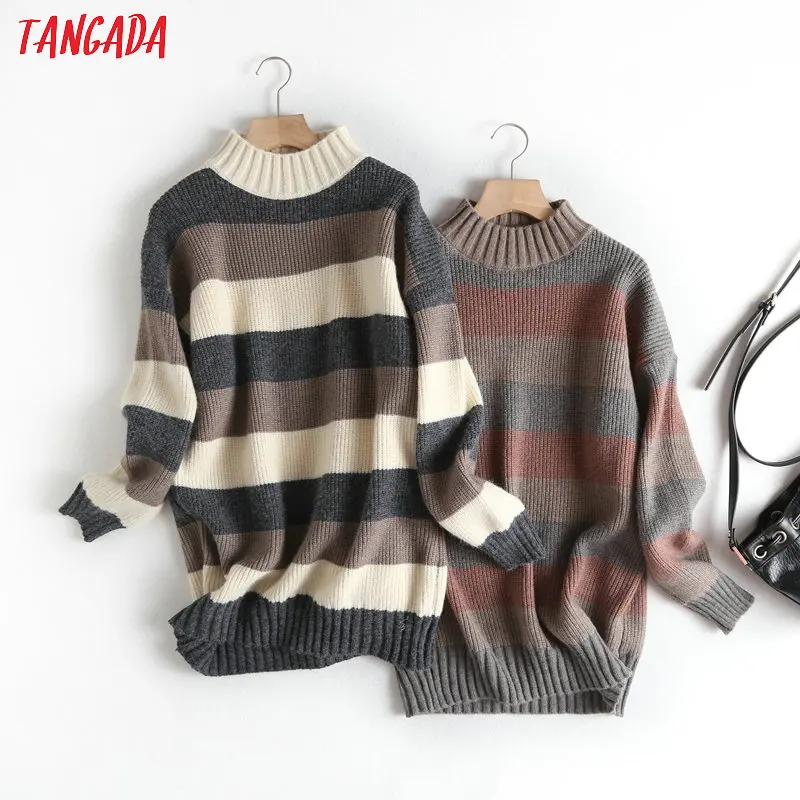 Tangada women stripe pattern oversize long jumper sweater atumn winter fashion long sleeve o neck pullovers tops BC58