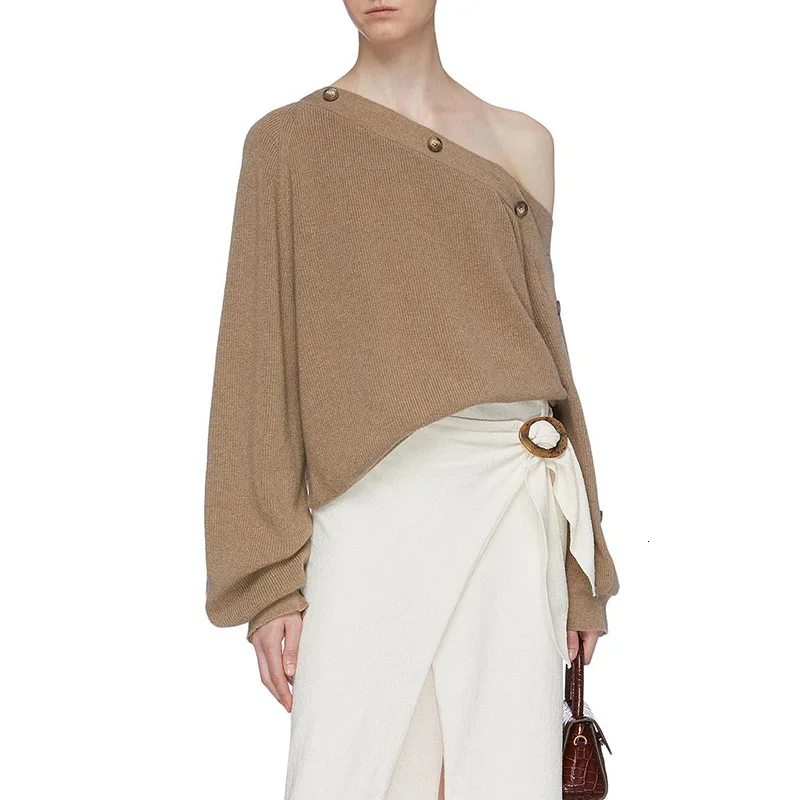 

2020 Spring New Style Knitted Non-symmetrical Solid Color Laziness-Style Women's Sweater Torticollis a Shoulder Pullover Fashion