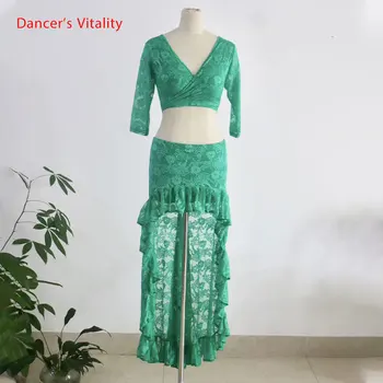 

Belly Dance Practice Training Clothes Cut out Lace Splicing Top Skirt Set Women Oriental Indian Dancing Beginners Stage Wear
