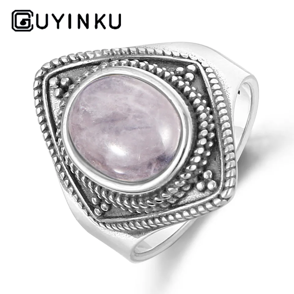 Rose Quartz GUYINKU кольцо с овальным натуральным розовым кварцем, элегантное винтажное 925 пробы Серебряное ювелирное изделие, тайское серебро для женщин, вечерние ювелирные изделия - Цвет камня: Rose Quartz