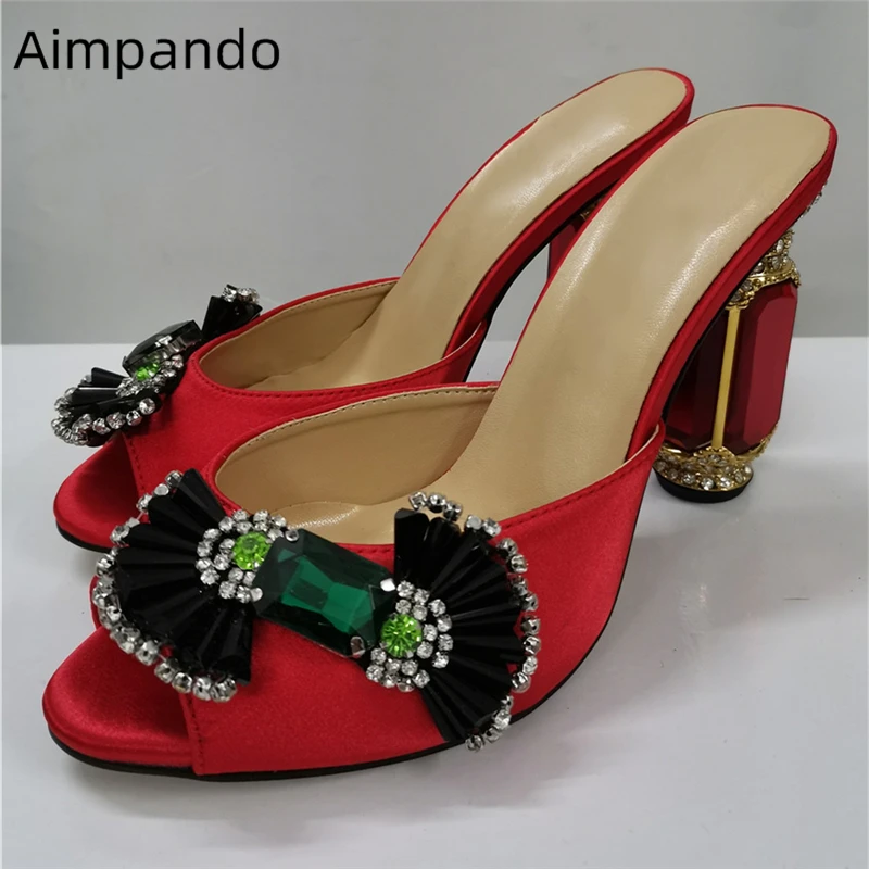 

Jeweled Ruby Heel Banquet Shoes Woman Luxury Satin Peep Toe Crystal Rhinestone Candy Butterfly-knot Slippers Women