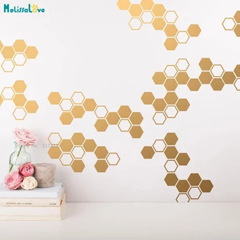 

Geometric Small Honeycomb Wall Decals Gold Vinyl Decals, Honeycomb Living Room DIY Sticker Removable Poster YT5094