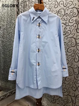 

2020 Autumn Fashion Long Shirts High Quality Cotton Blouses Women Turn-down Collar Double Breasted Casual Loose Shirts Blue