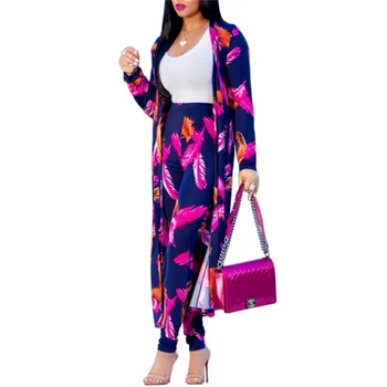 

2019 Fashion Spring Autumn Two-piece set Women Printed Plus size 4XL Cardigan X-long Coat Tops and Trousers Casual Suit Set G576