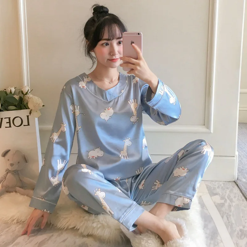 

Spike ARTISTRY) Pajamas Women's Spring And Autumn Imitated Silk Fabric Long Sleeve V-neck Viscose Piece Tracksuit M-4xl