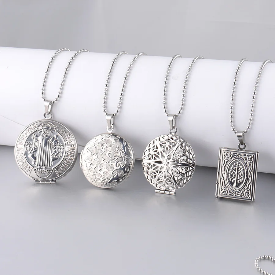 

Photo Locket Pendant Necklace Heart Round Shell Beetle Christian Jesus Charm Photo Box Women Necklace Memory Christmas Gift