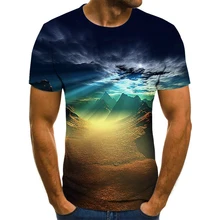Camiseta con estampado de paisaje 3D para hombre, camisa negra para playa con cuello redondo, de verano