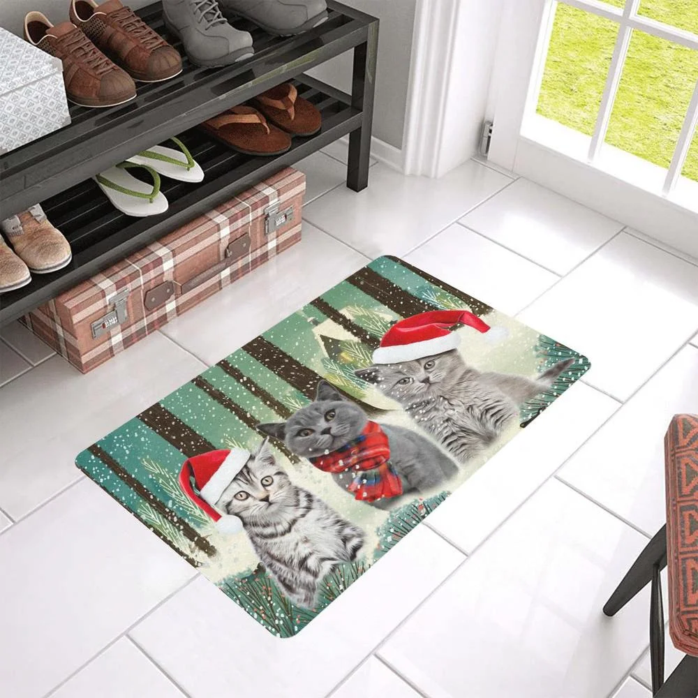 

CLOOCL Merry Christmas Cat Winter In Forest Doormat 3D Print Indoor Outdoor Welcome Floor Mats 40x60cm Antislip Absorbent Mat