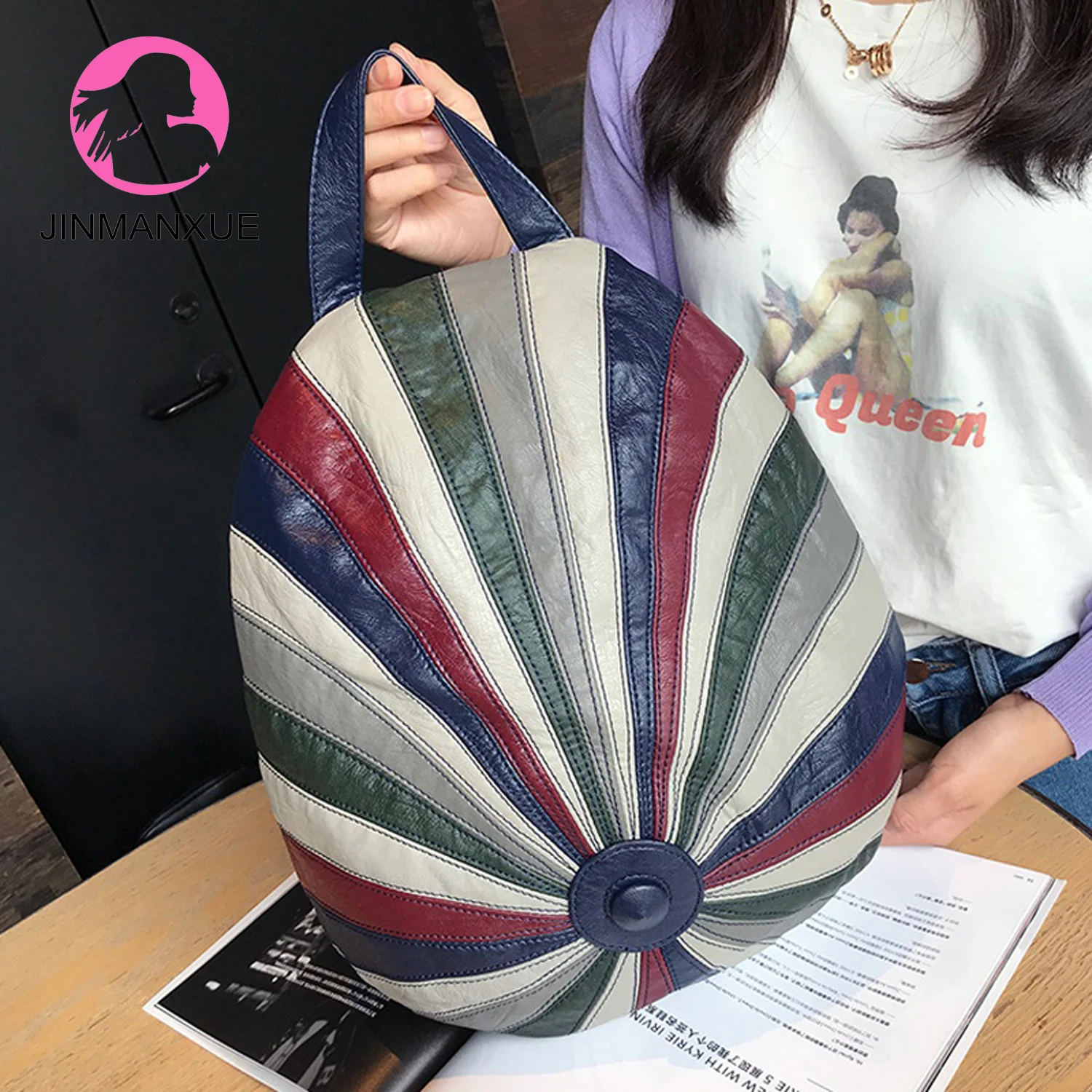 

New Fashion Casual Wild Three-use Women Bag Color Stripe Hat Shape Backpack Leather Female Shoulder Bags Travel Handbags Zipper