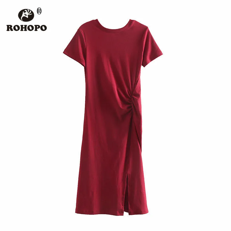 ROHOPO, круглый воротник, короткий рукав, Джерси, красное, облегающее, до колена, платье, сзади, v-образный вырез, галстук, талия, разрез, подол, женское, оболочка, халат#6479 - Цвет: Красный