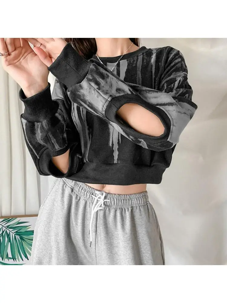

Women Cutout Long Sleeve Sweatshirt Gradient Tie-Dye Printed Pullover Crop Top Round Neck Harajuku Loose Streetwear