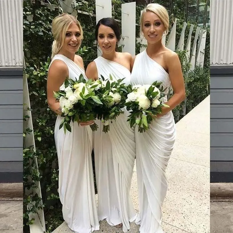 

2020 Elegant One Shoulder Champagne Bridesmaid Dress Draped Satin Long Ivory Party Dresses Maid Of Honor Wedding Guest Gowns