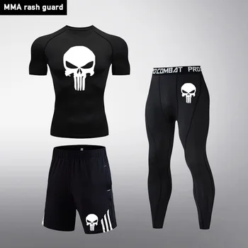 

Mens 3 piece Sports suit Jogging suits rashgard male Skull dry fit Compression Tights MMA Tactical leggings Track suits Men set