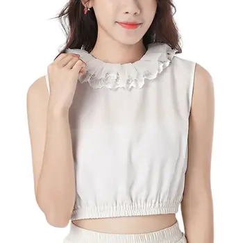 

Korean Women Ruffles False Collar Layered Lace Lapel Vest Style Pullover Crop Top Winter Sweater Decorative Stretchy Half-Shirt