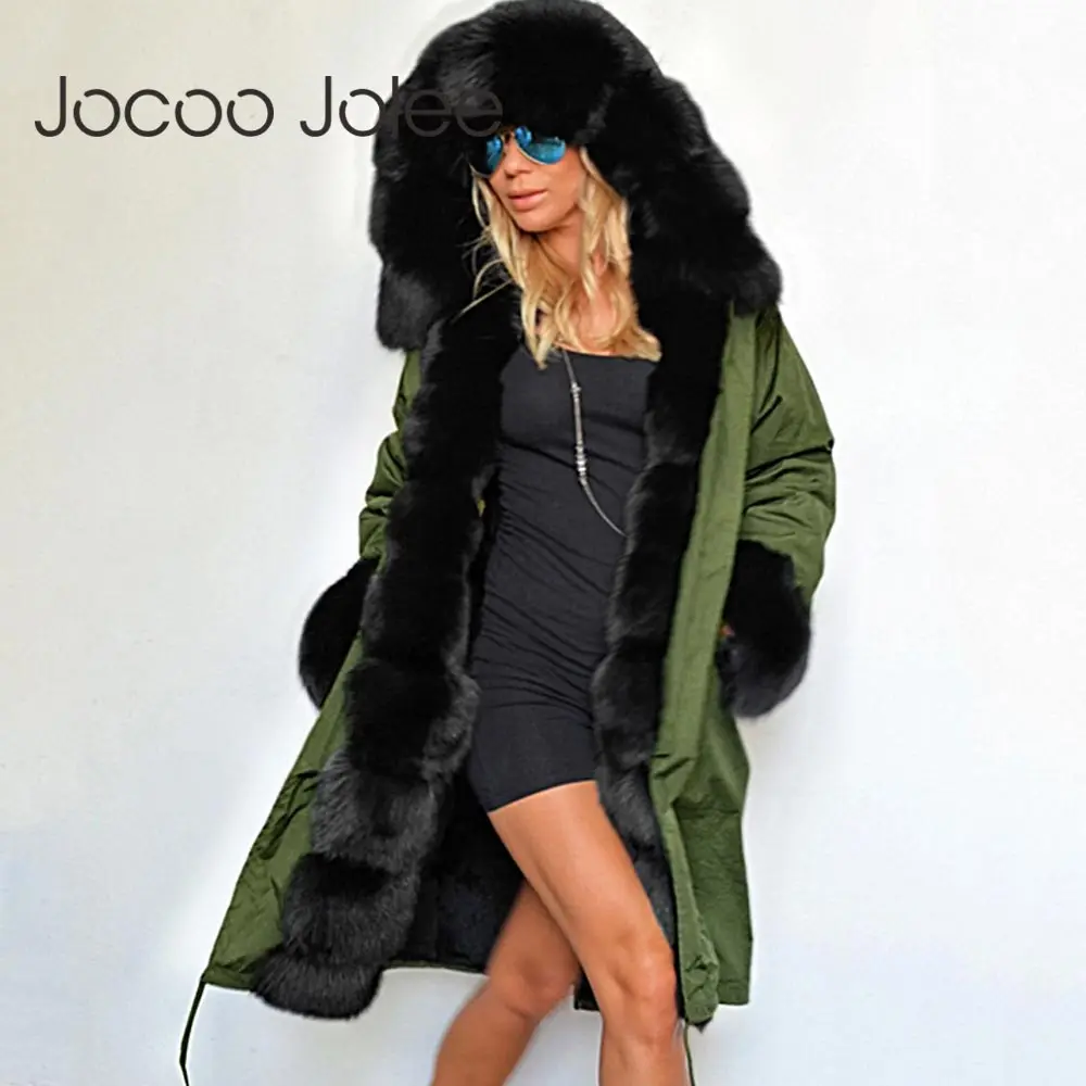 Jocoo Jolee женские теплые пальто с воротником из искусственного меха облегающие куртки с завязками на талии теплая Толстая парка с капюшоном размера плюс 2XL Mujer