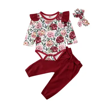 

3pcs Newborn Kid Baby Girl Clothes Floral Romper Tops+Pants+Haedband Outfits Set Infant Play Suit