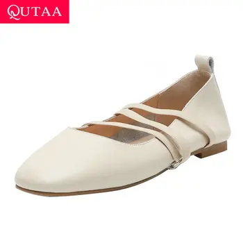 

QUTAA 2020 Quality Cow Leather Single Shoes Retro Square Toe Concise Women Flats Spring Autumn Shallow Ladies Shoes Size 34-40