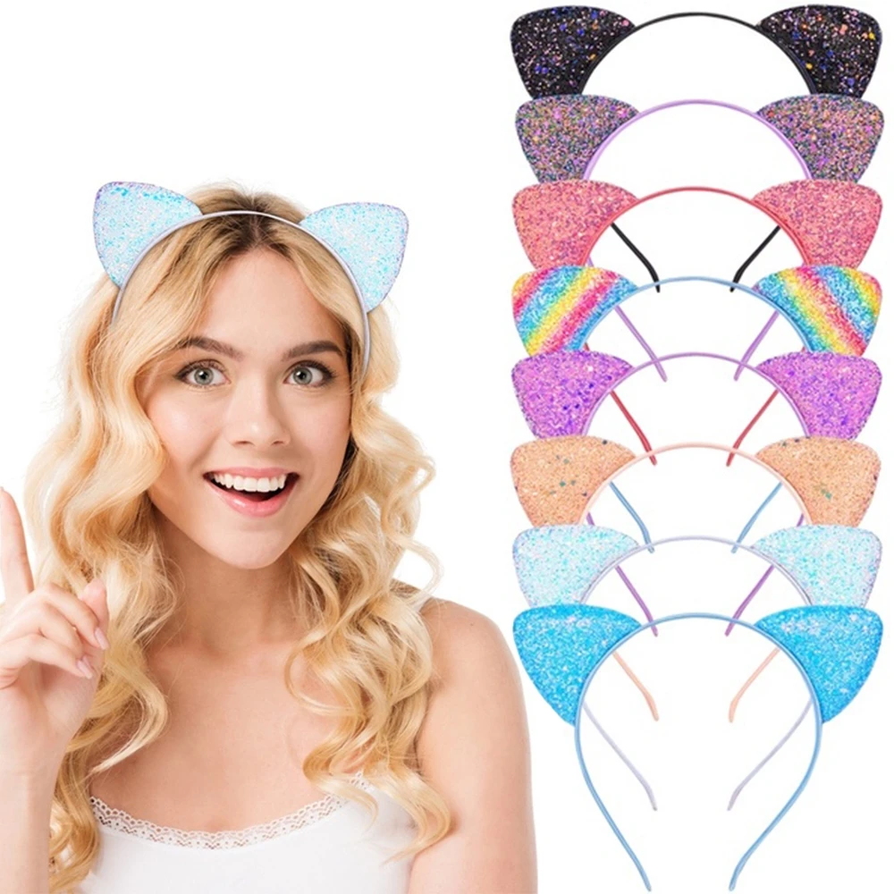 

Reversible Sequin Cat Ears Headband Shiny Rainbow Cat Ear Hair Hoops Cute Bling Hairband Hair Accessories for Women Girls Gifts