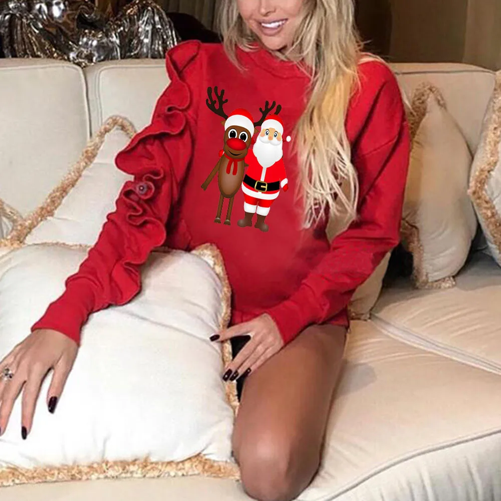 Womail свитшоты с круглым вырезом свободные женские Рождественские толстовки с изображением оленей модные с длинным рукавом Рекомендуемые гофрированные толстовки пуловер