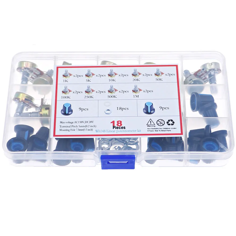 18Pcs 3Pin WH148 Single Potentiometer Kit B1K 5K 10K 20K 50K 100K 500K 1M with knobs Single potentiometer set Shaft Nuts