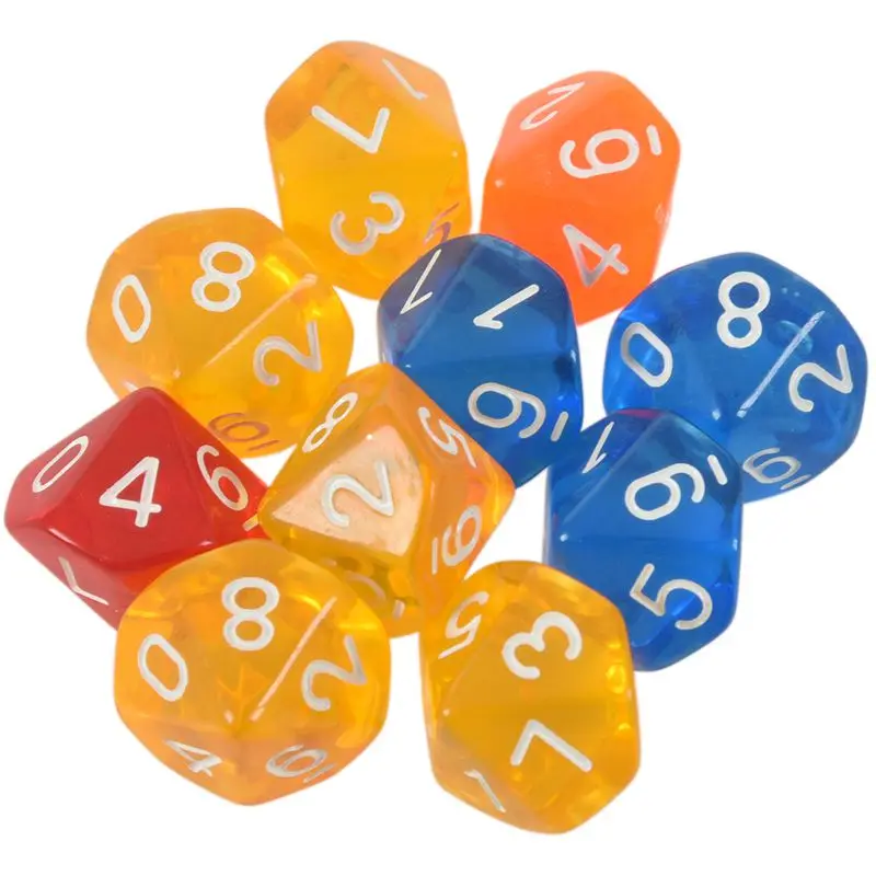 Multicolor Transparent 10 Pieces Carry Stone Dices Games Dice Jewel D10 10 Sided RPG for RPG Dungeons Dragons Board Table Games Transparent Multicolor Dices Set